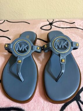 Michael Kors Slate Blue MK Logo Thong Sandals with Gold Accents